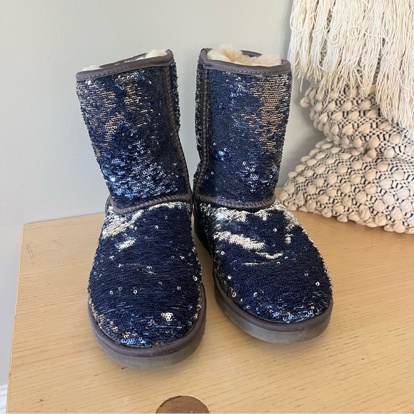 UGG Blue Sequin Fur Boots size 7 - Picture 5 of 8